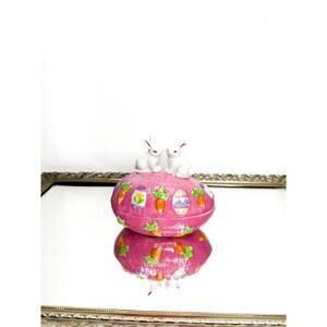 Vintage Trinket Box Pink Easter Egg Shaped Bunny Rabbits Top 4" Tall Ceramic